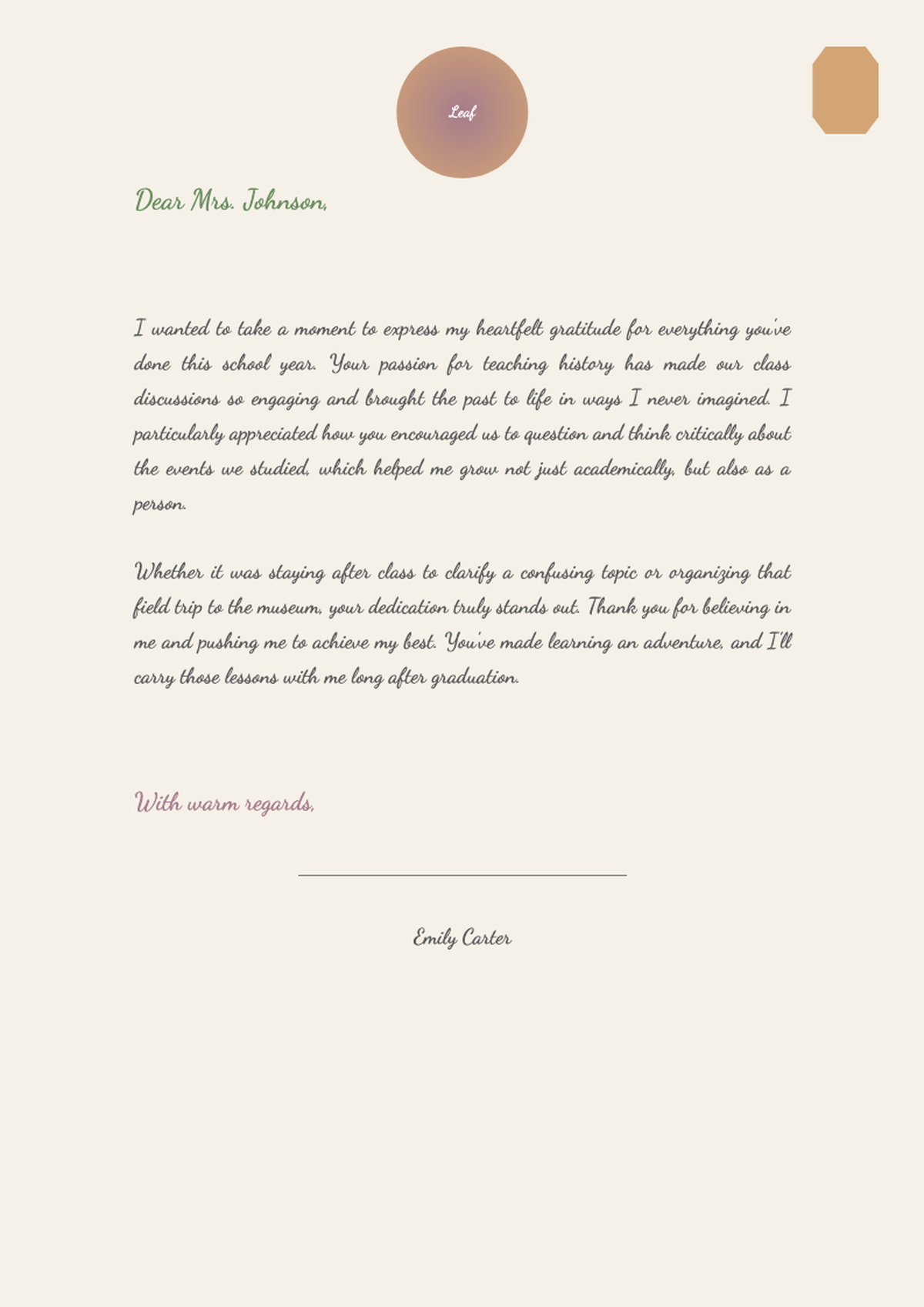 Gratitude letter to teacher with decorative seal and paperclip_variant_1